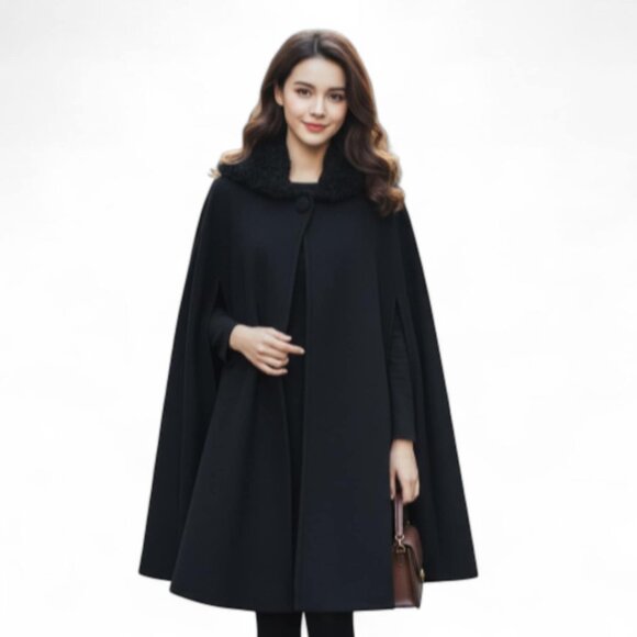 EAST 5TH Women's Elegant Winter Cape Coat ONE SIZE Polyester Faux Fur Black - Picture 1 of 4